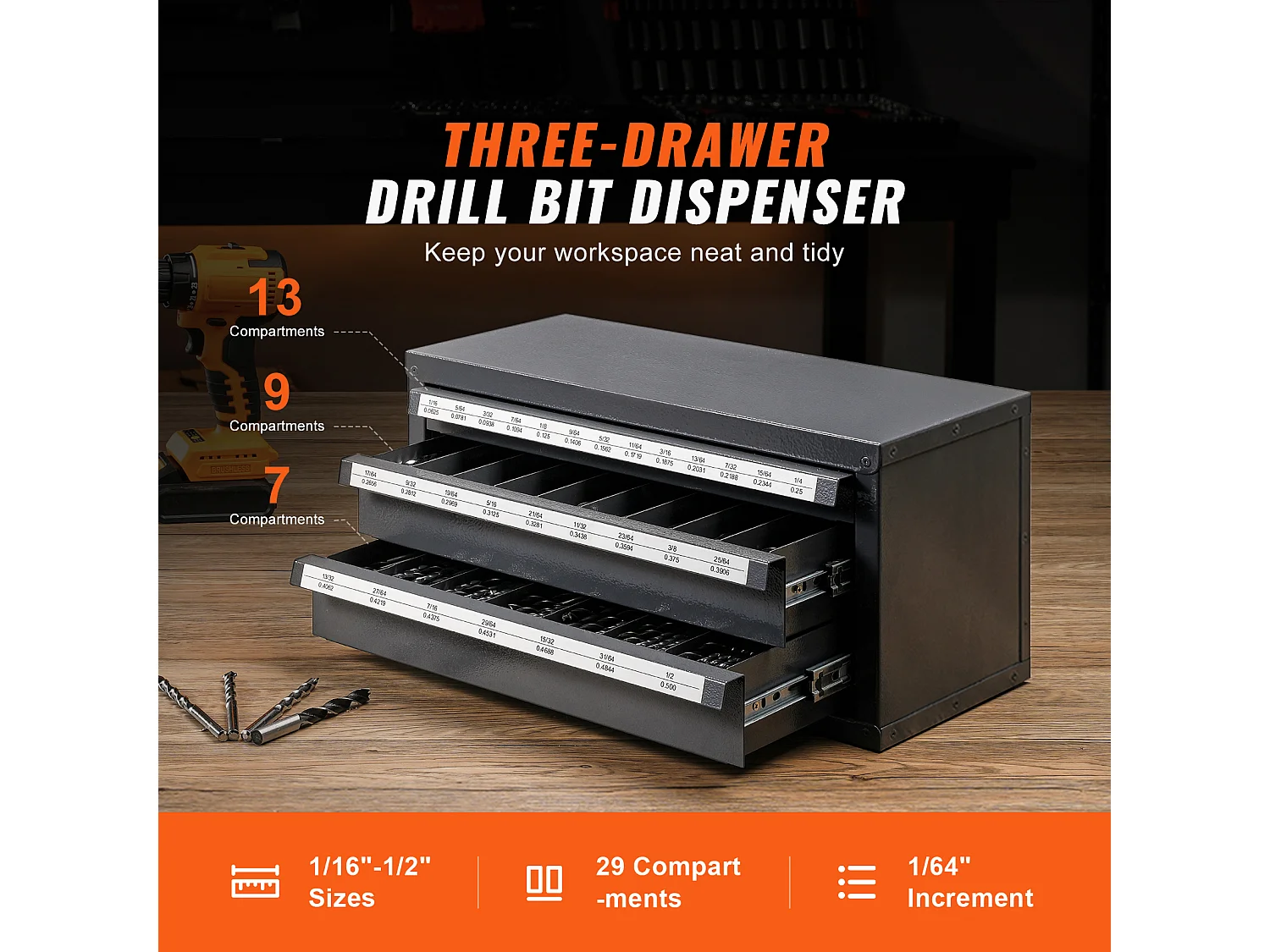 Armário Distribuidor de Brocas SucceBuy Três Gavetas para 2.54cm/40.64cm a 2.54cm/5.08cm, Armário com Etiquetas, Empilhável para o Armazenamento de Brocas