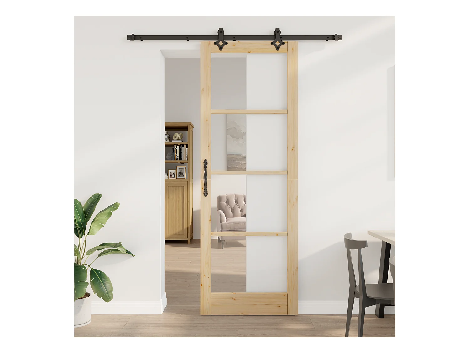 Puerta corredera con herrajes  Madera maciza y vidrio