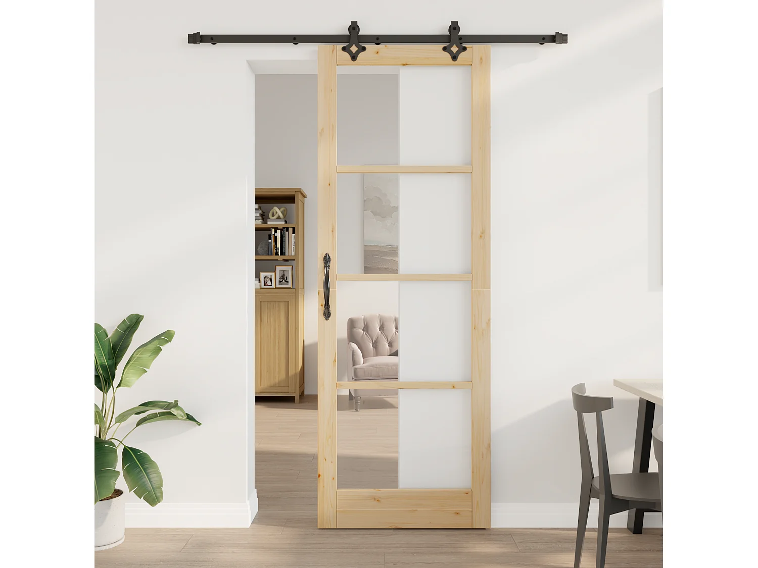 Porte Coulissante avec Ensemble de Matériel Bois Massif & Verre