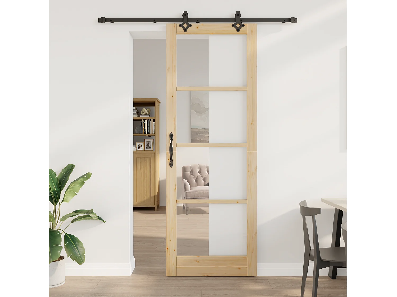Porte Coulissante avec Ensemble de Matériel Bois Massif & Verre
