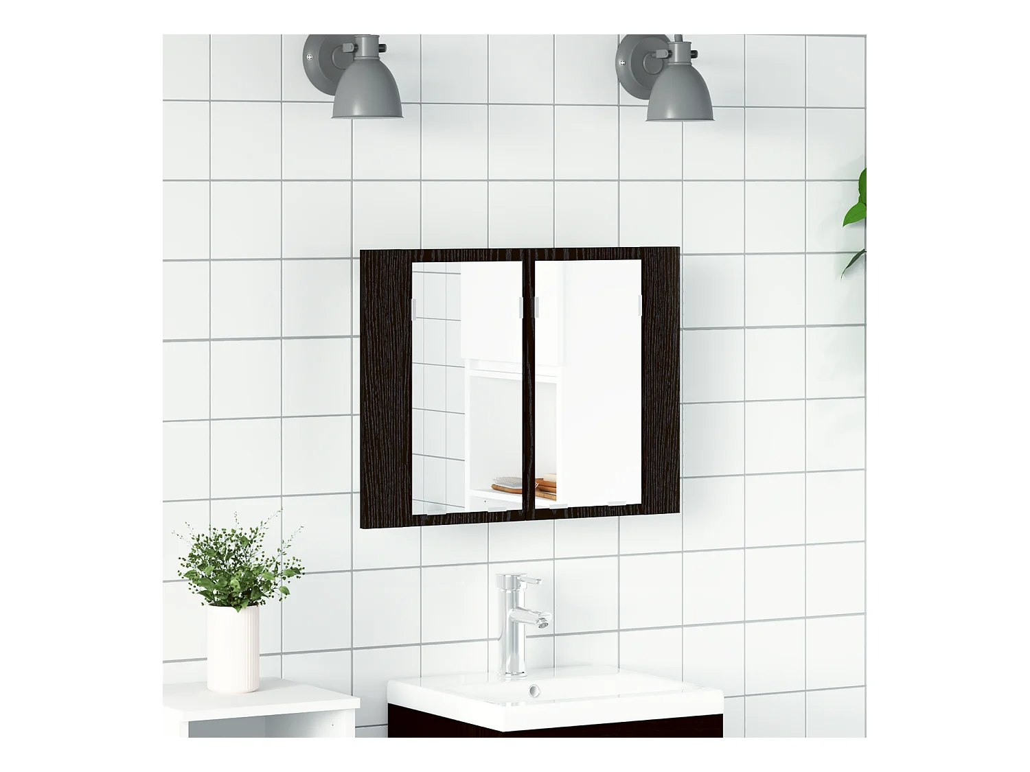 Armoire miroir salle de bain LED , chêne noir, 60x12x45 cm, en bois d'ingénierie