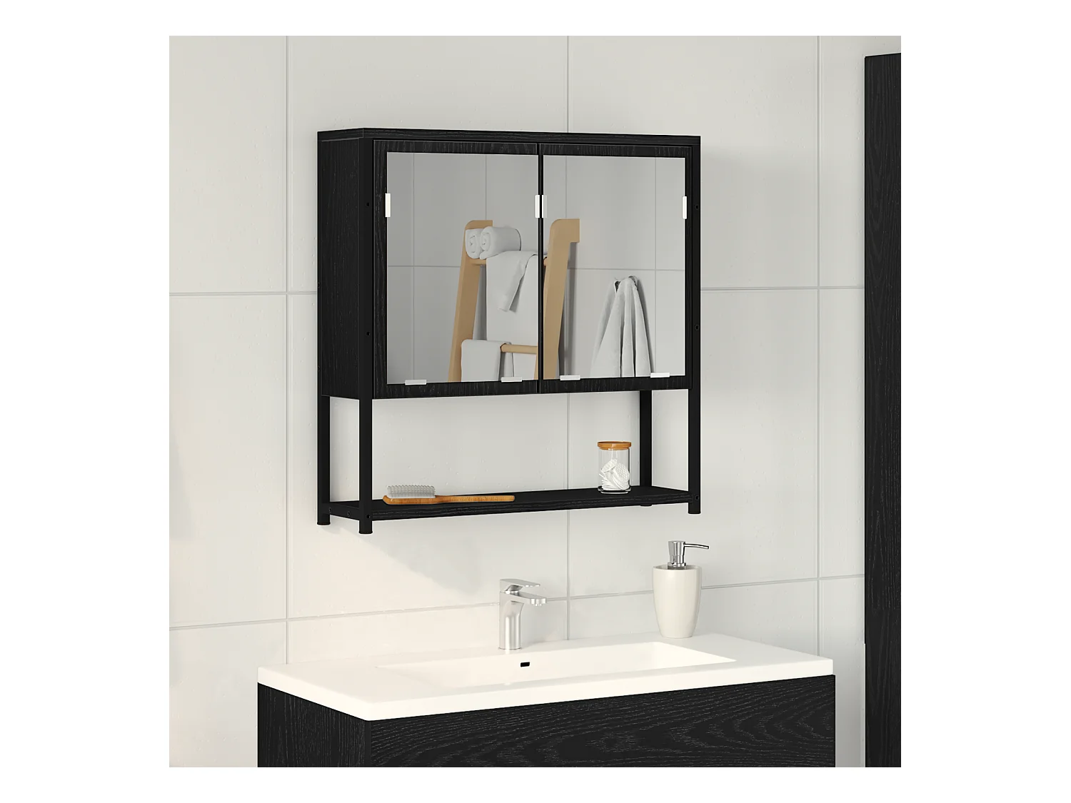 Zwarte eiken badkamerspiegelkast 60x16x60 cm Gereconstrueerd hout