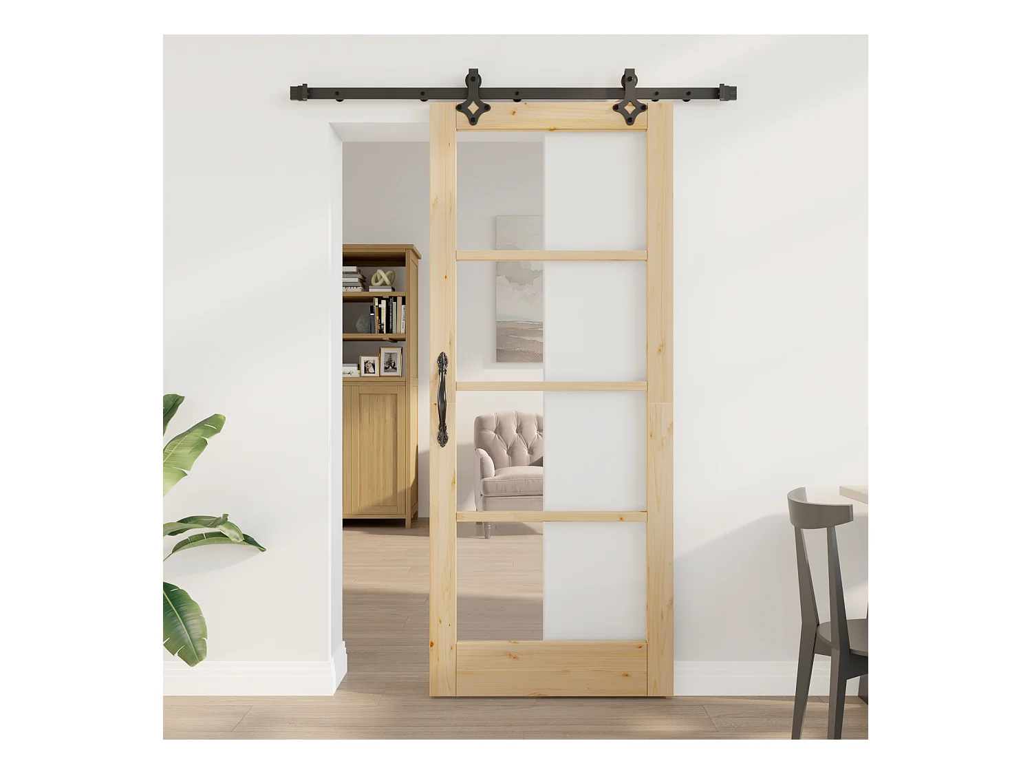Juego de puerta corredera con herrajes 83x202 cm en madera maciza de pino