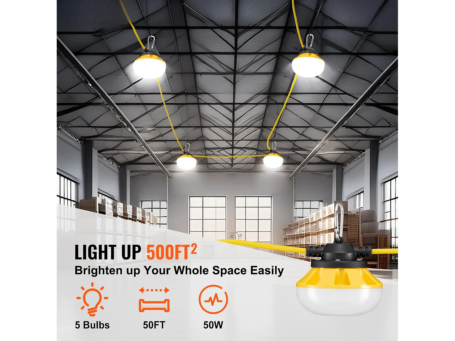 Girlanda Świetlna, SucceBuy Girlanda Świetlna Budowlana 15,24 m 50 W 5 000 lm Wodoodporna