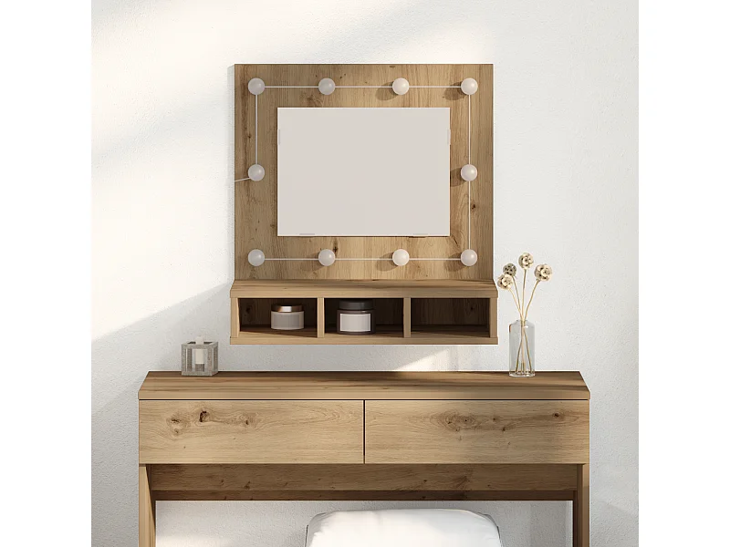 Mobiletto per il trucco con specchio in MDF di rovere lavorato a mano, vetro