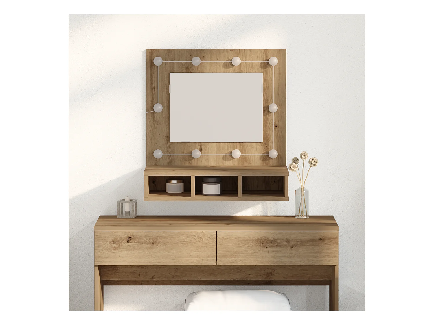 Meuble de maquillage avec miroir Chêne artisanal MDF, Verre