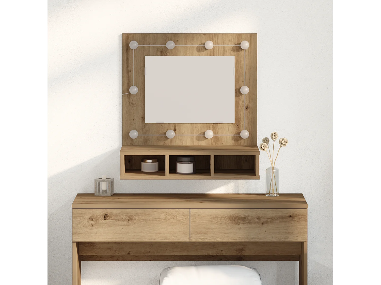 Meuble de maquillage avec miroir Chêne artisanal MDF, Verre