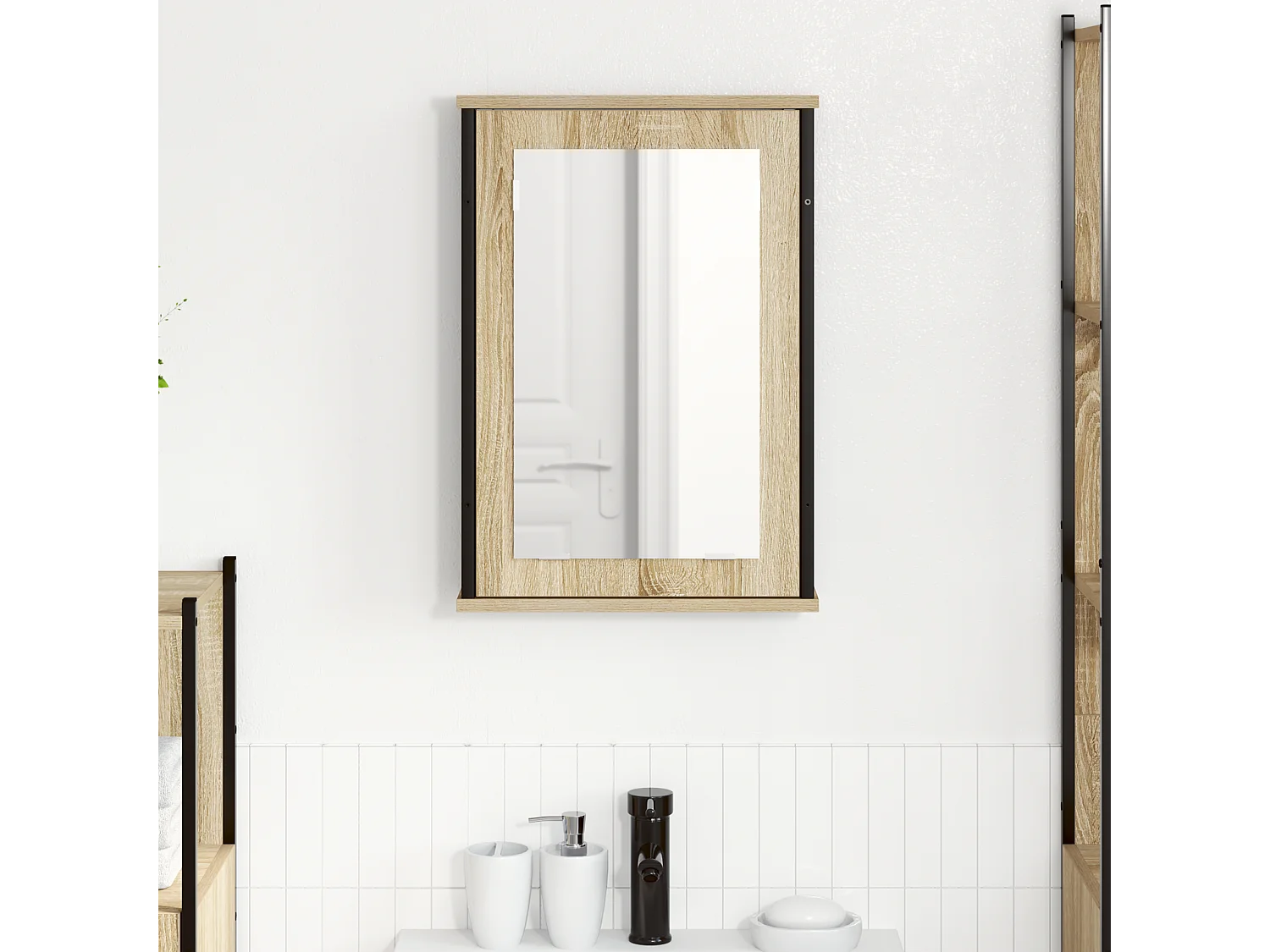 Armoire miroir Chêne naturel Panneau en aggloméré, verre, métal