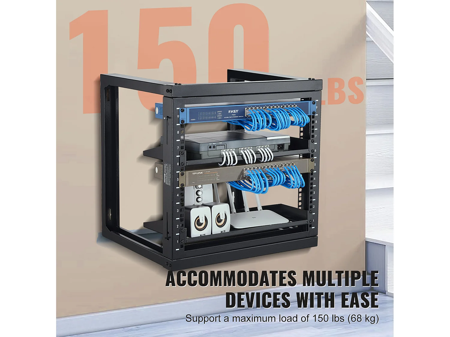 Rack de Montage Mural SucceBuy 9U, Charge de 68kg, Rack de Serveur à Cadre Ouvert, Compatible avec Équipements IT et AV 48 cm, Noir