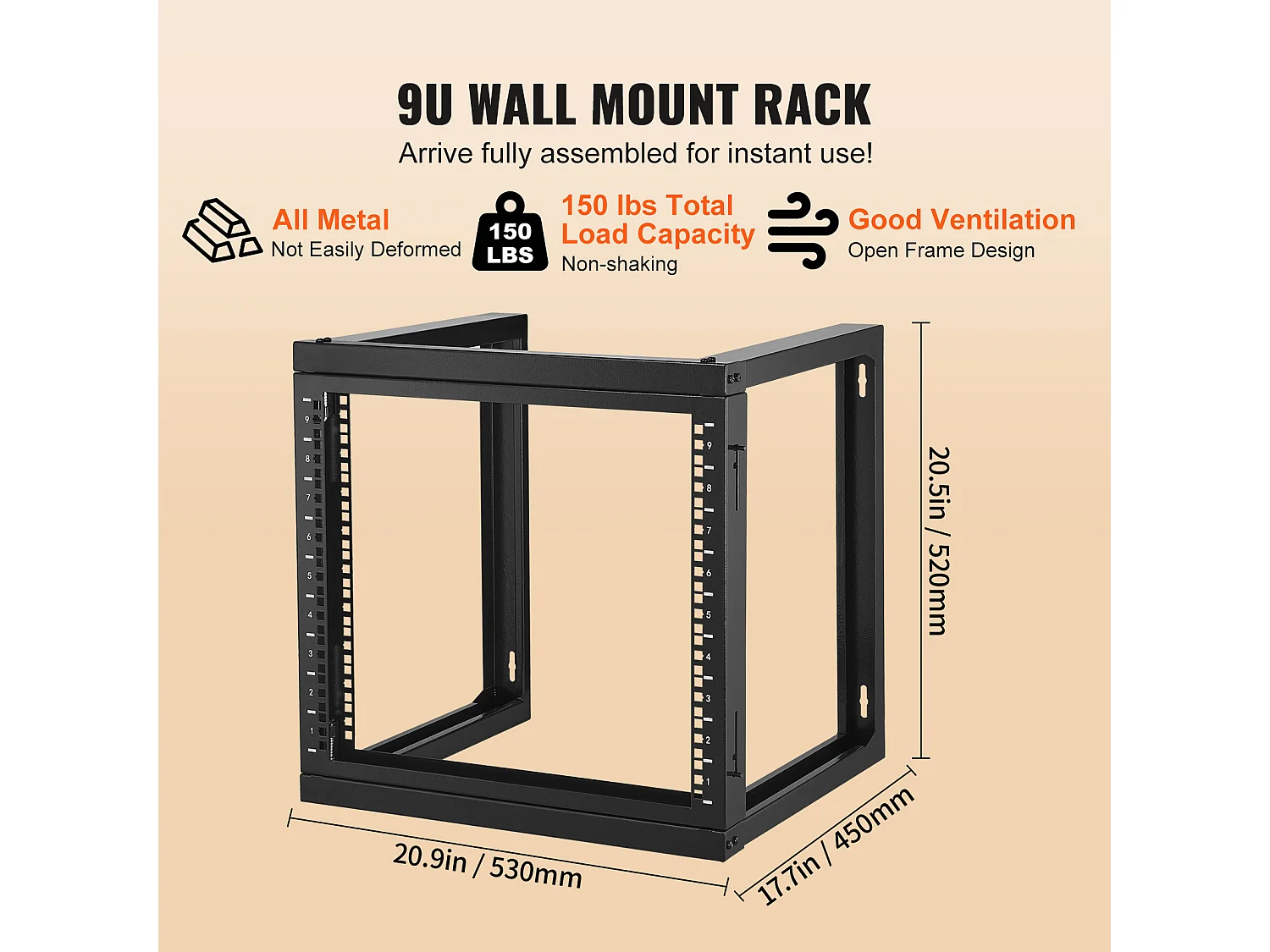 Rack de Montage Mural SucceBuy 9U, Charge de 68kg, Rack de Serveur à Cadre Ouvert, Compatible avec Équipements IT et AV 48 cm, Noir