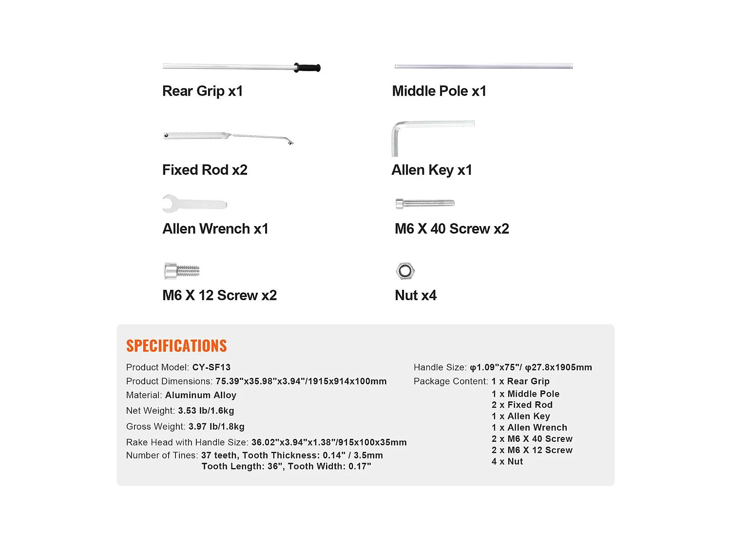 Râteau de Jardin, SucceBuy Râteau à Paysage de 91,5 cm, Tête en Aluminium avec Manche Réglable de 191,5 cm