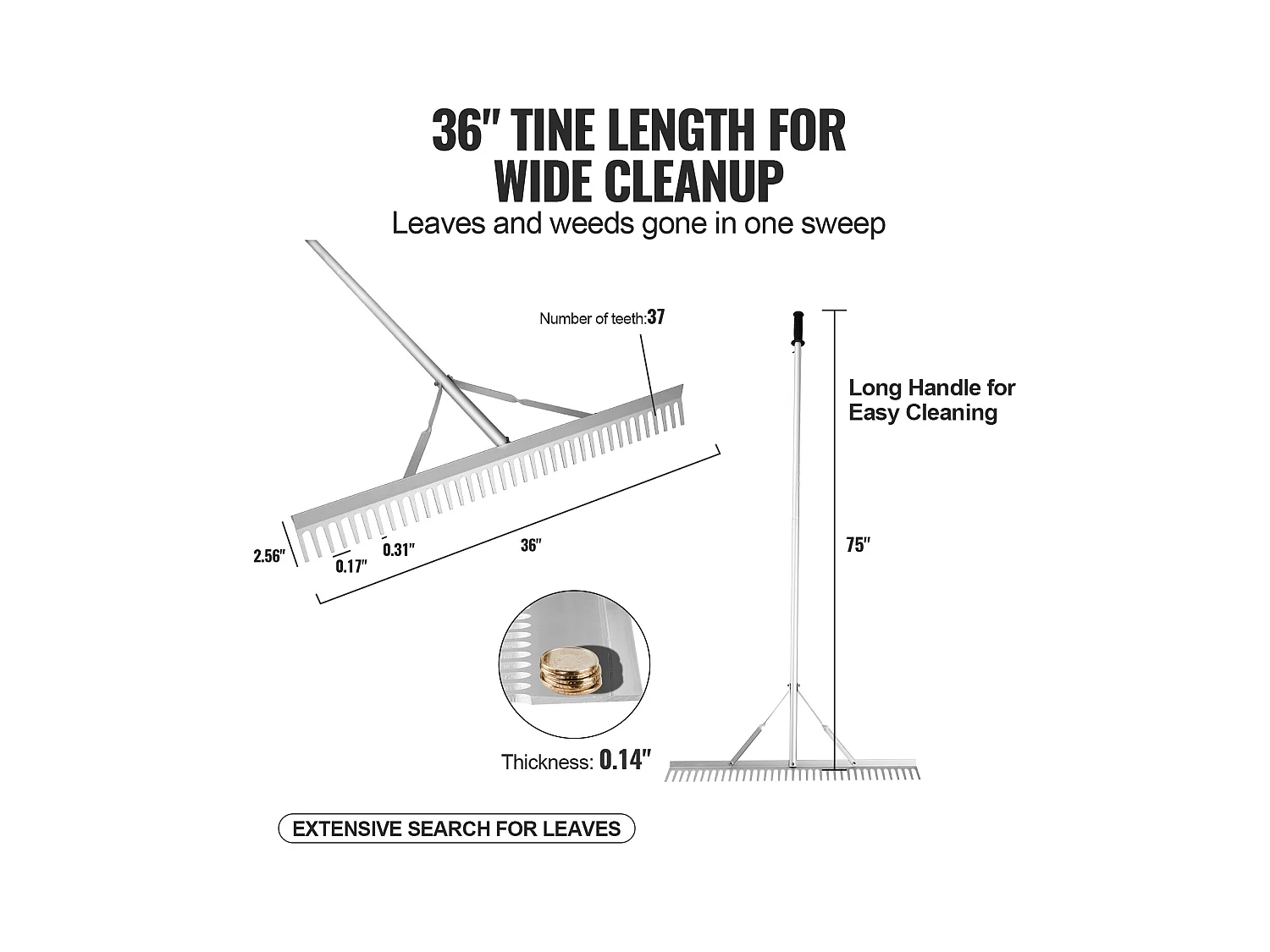 Râteau de Jardin, SucceBuy Râteau à Paysage de 91,5 cm, Tête en Aluminium avec Manche Réglable de 191,5 cm