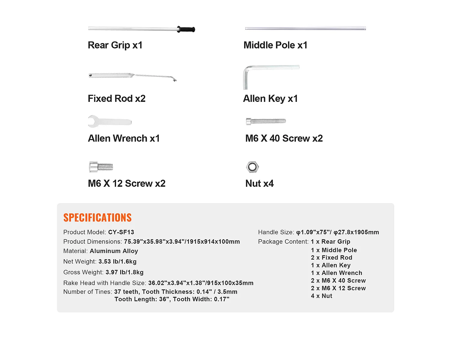 Râteau de Jardin, SucceBuy Râteau à Paysage de 91,5 cm, Tête en Aluminium avec Manche Réglable de 191,5 cm