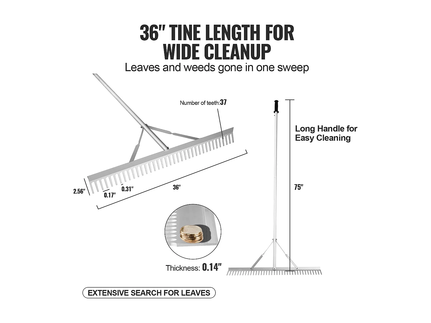 Râteau de Jardin, SucceBuy Râteau à Paysage de 91,5 cm, Tête en Aluminium avec Manche Réglable de 191,5 cm