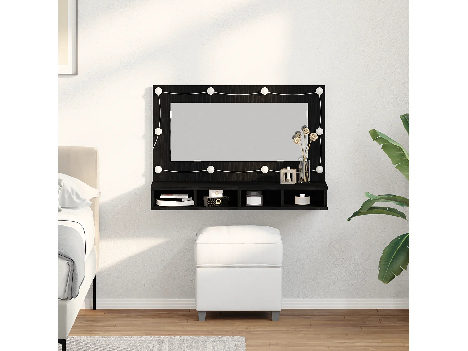 Armario con espejo LED de roble negro - 90 x 31,5 x 62 cm
