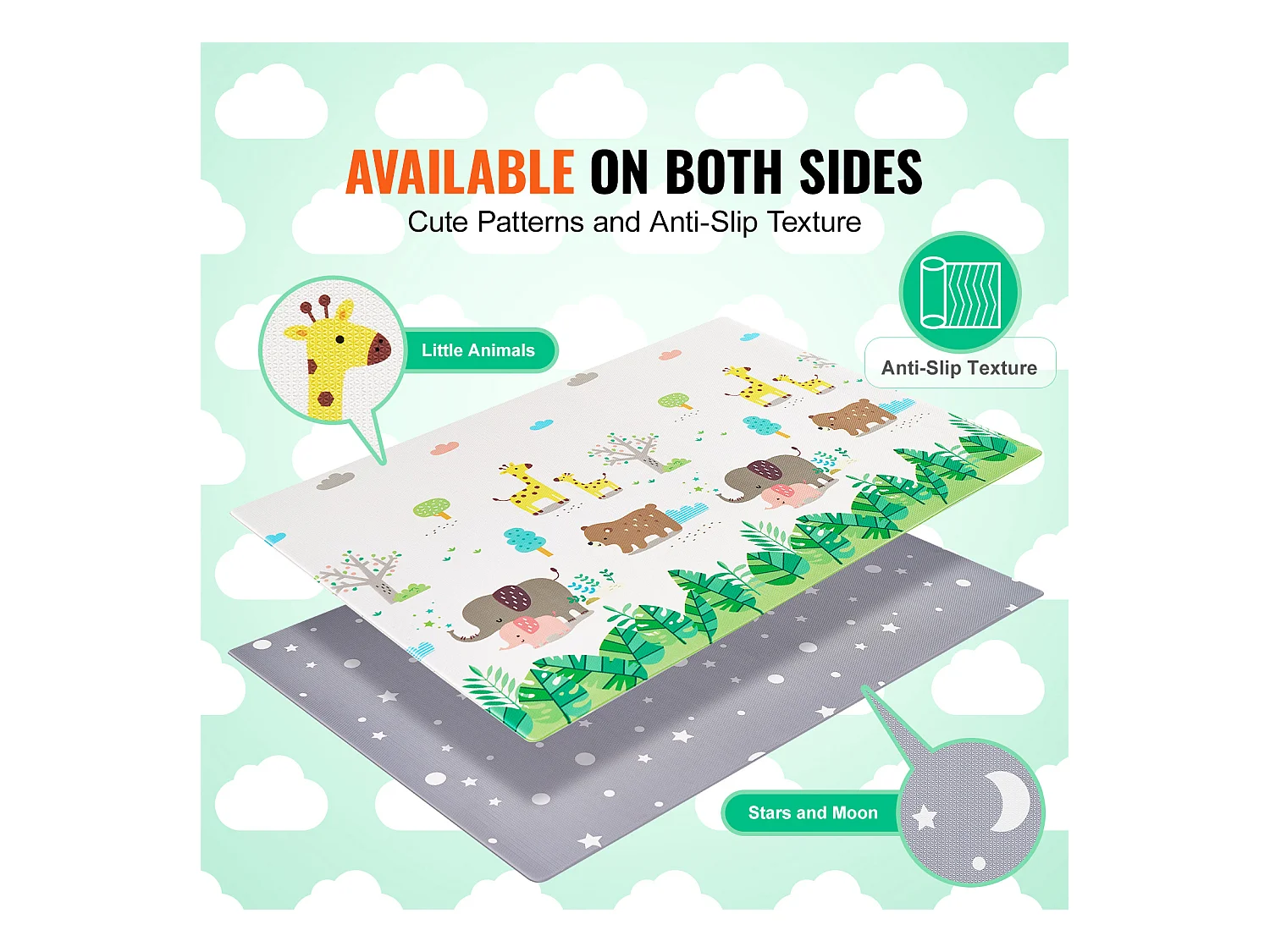Tappeto Gioco per Neonati, SucceBuy Tappeto Gioco per Neonati 140 × 210 cm, Morbido con Superficie per Gattonamento su 2 Lati