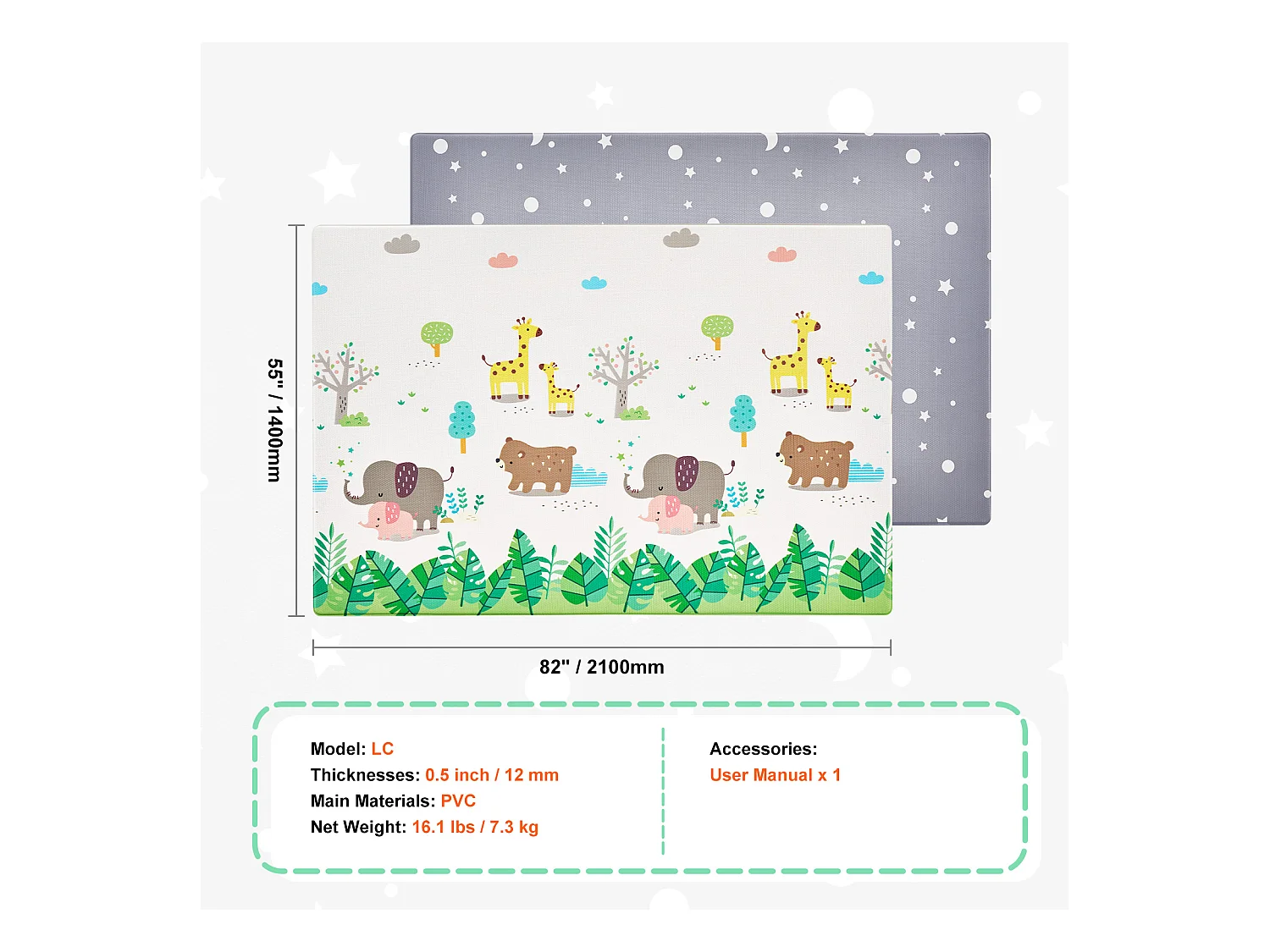 Tappeto Gioco per Neonati, SucceBuy Tappeto Gioco per Neonati 140 × 210 cm, Morbido con Superficie per Gattonamento su 2 Lati