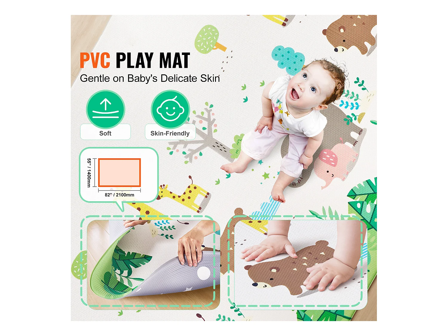 Tappeto Gioco per Neonati, SucceBuy Tappeto Gioco per Neonati 140 × 210 cm, Morbido con Superficie per Gattonamento su 2 Lati