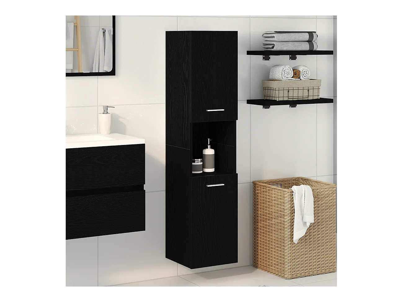 Zwarte Eiken Badkamer Wandkast 30x30x130 cm Spaanplaat