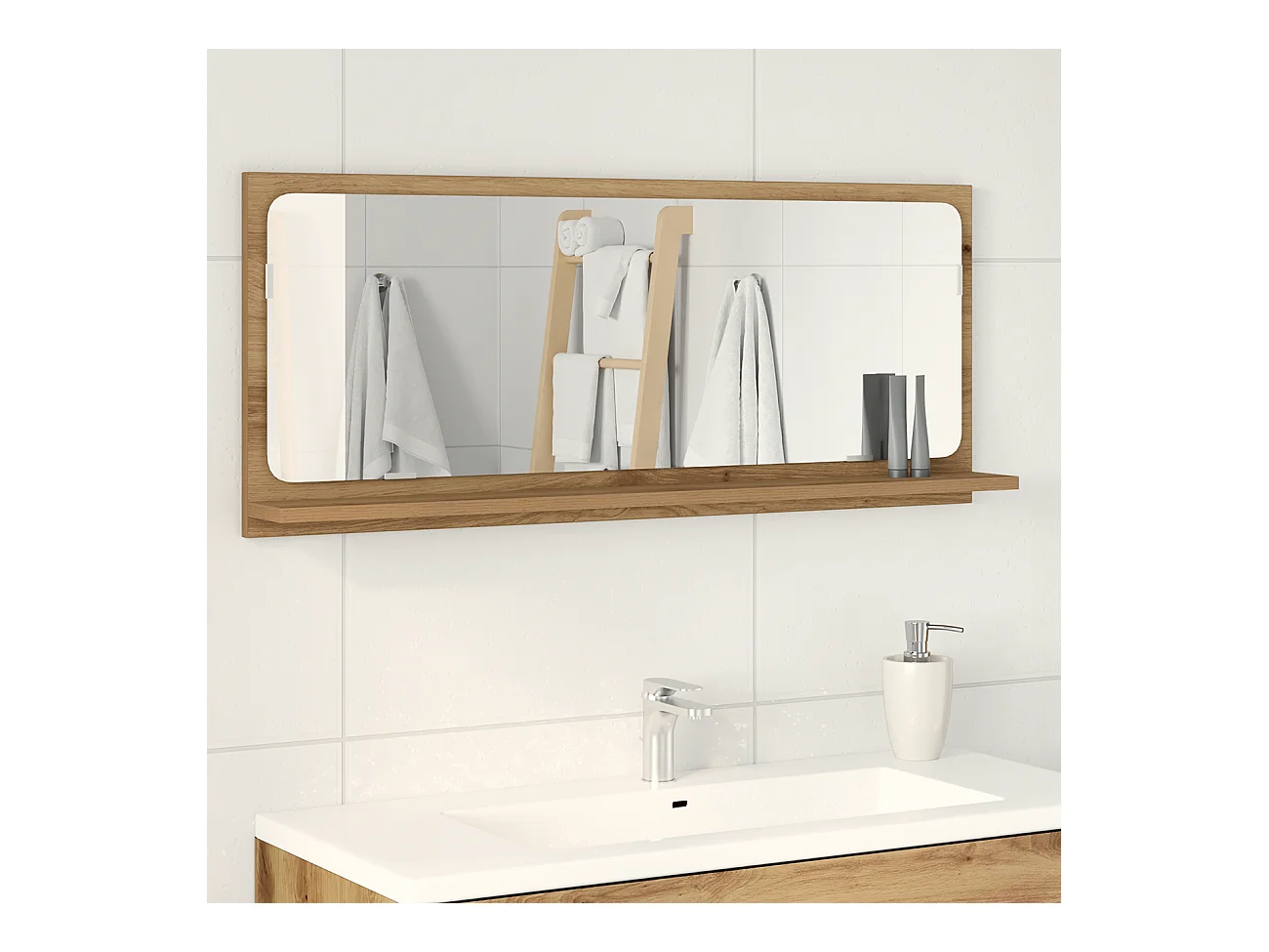 Specchio da bagno in rovere fatto a mano 90x10,5x37 cm in legno ingegnerizzato