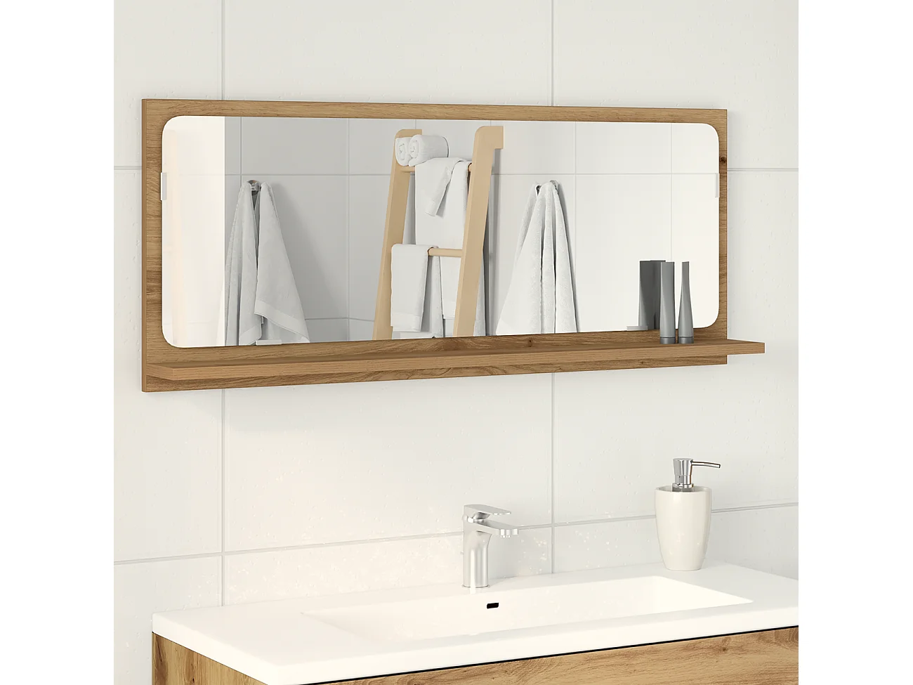 Miroir de salle de bain en chêne artisanal 90x10,5x37 cm en bois d'ingénierie