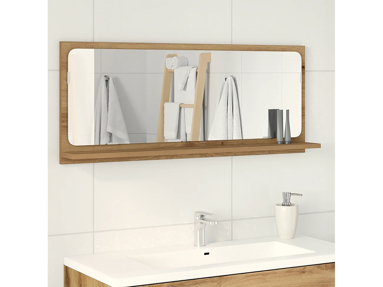 Miroir de salle de bain en chêne artisanal 90x10,5x37 cm en bois d'ingénierie
