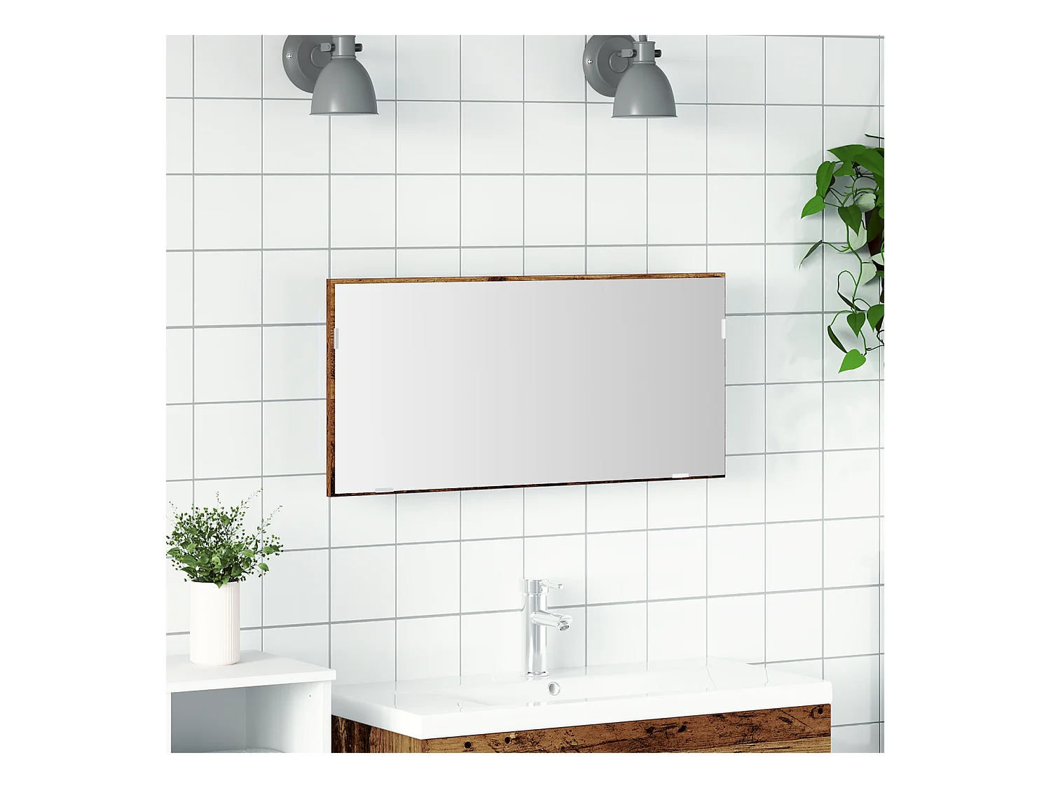 Meuble de salle de bain avec miroir et lumière LED en vieux bois 80x37 cm