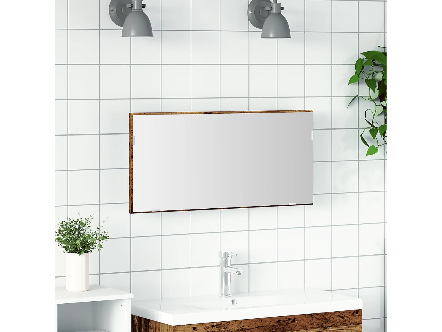 Badkamermeubel met spiegel en led-verlichting in oud hout 80x37 cm