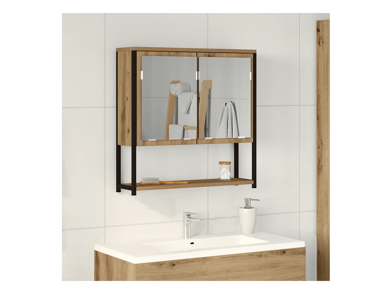 Mobiletto con specchio per bagno in rovere lavorato a mano 60x16x60 cm in legno ingegnerizzato