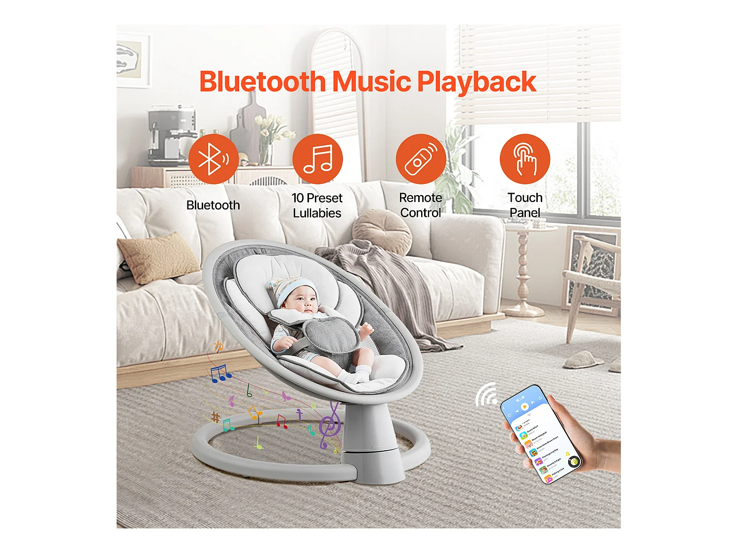 Transat Bébé Électrique, SucceBuy Balançoire pour Bébé pour Nourrissons 5 Vitesses Télécommande Bluetooth Berceuses Coussin