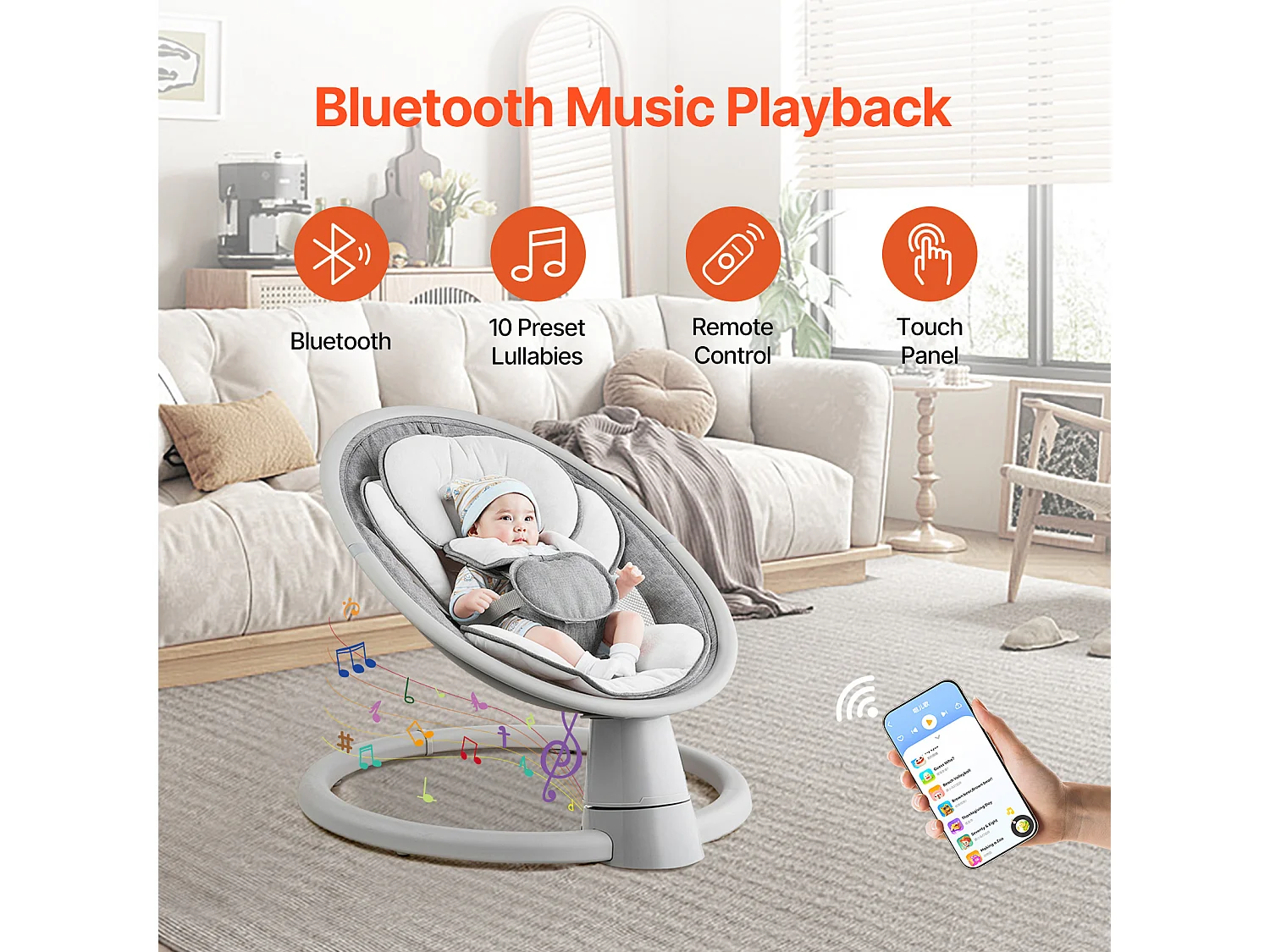 Elektrische Babywieg, SucceBuy Baby-schommel voor zuigelingen met 5 snelheden, Bluetooth-bediening, Slaapliedjes en Kussentje