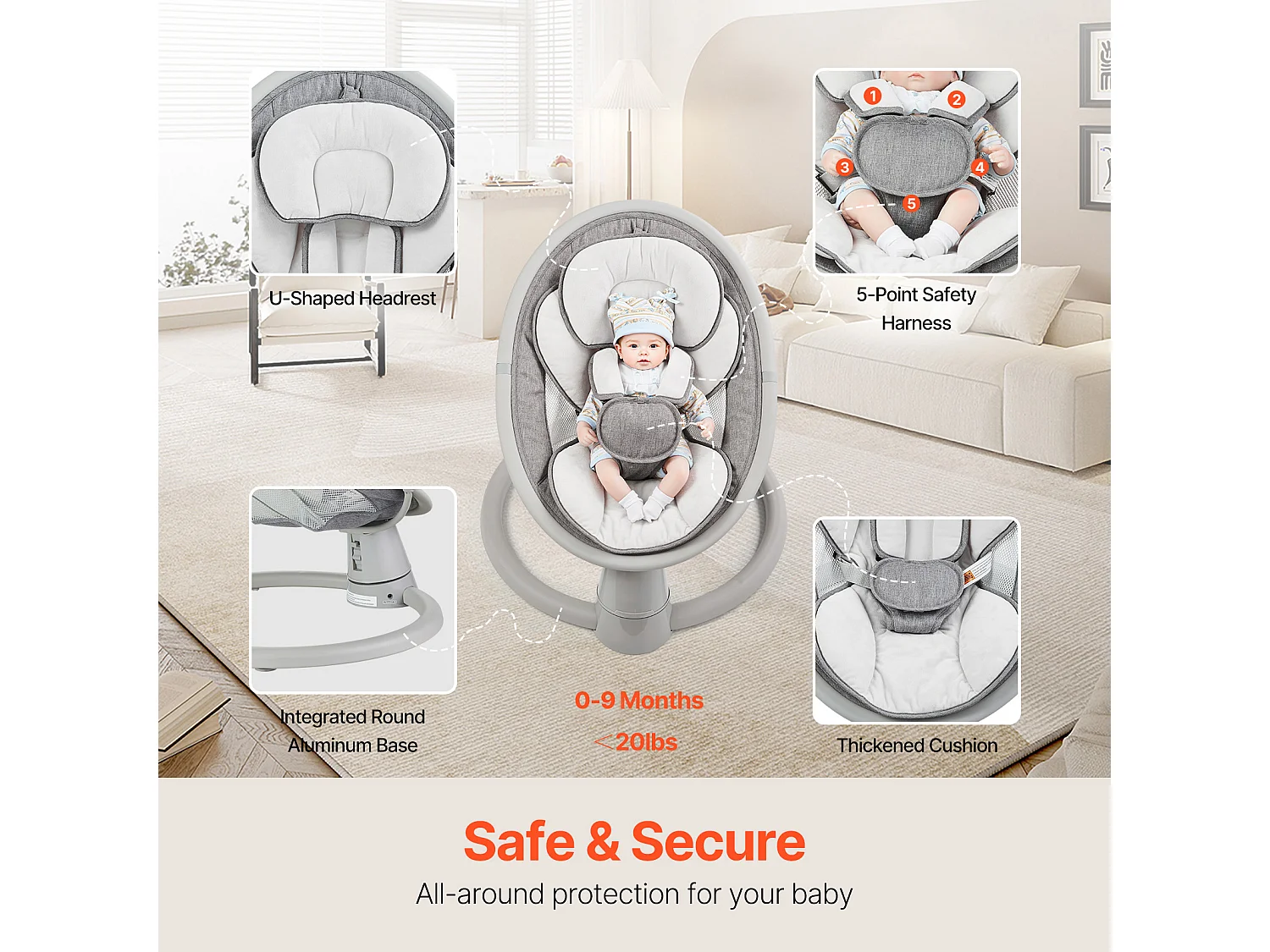 Elektrische Babywieg, SucceBuy Baby-schommel voor zuigelingen met 5 snelheden, Bluetooth-bediening, Slaapliedjes en Kussentje