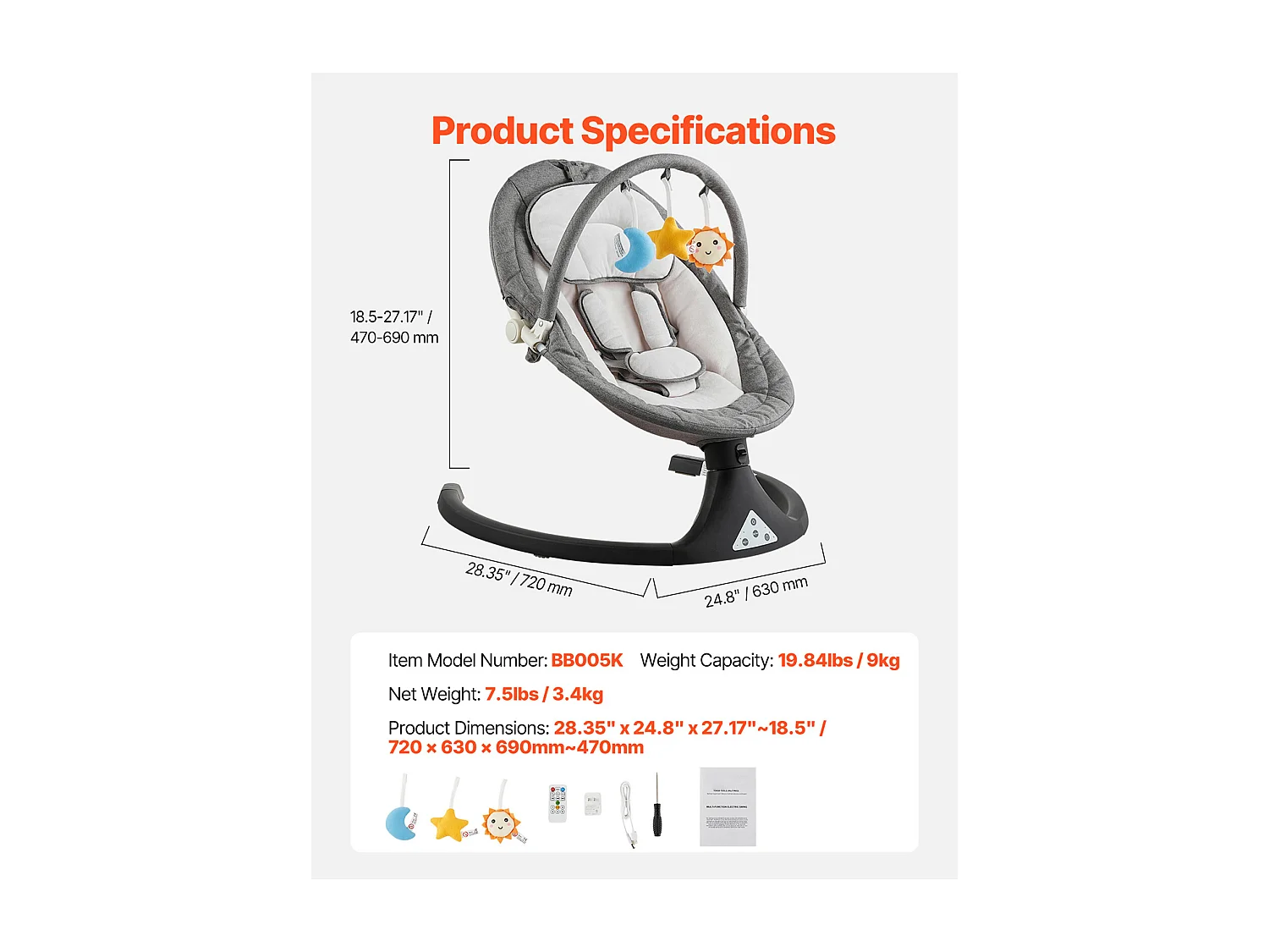 Dondolo Elettrico per Neonati, SucceBuy Altalena per Neonati con 5 Velocità, 3 Posizioni di Seduta e Barra Giochi con Telecomando