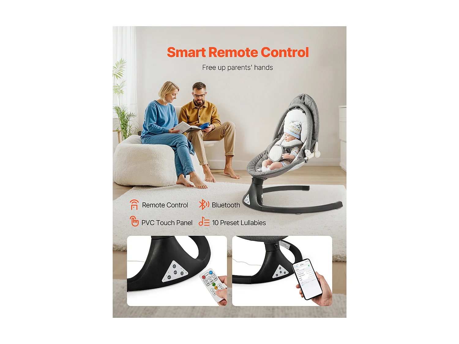 Dondolo Elettrico per Neonati, SucceBuy Altalena per Neonati con 5 Velocità, 3 Posizioni di Seduta e Barra Giochi con Telecomando