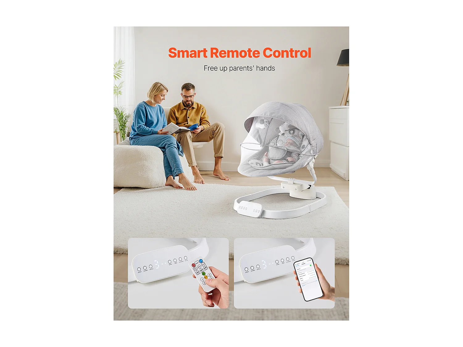 Transat Bébé Électrique, SucceBuy Balançoire pour Bébé pour Nourrissons 3 Vitesses 3 Positions de Siège Télécommande Bluetooth