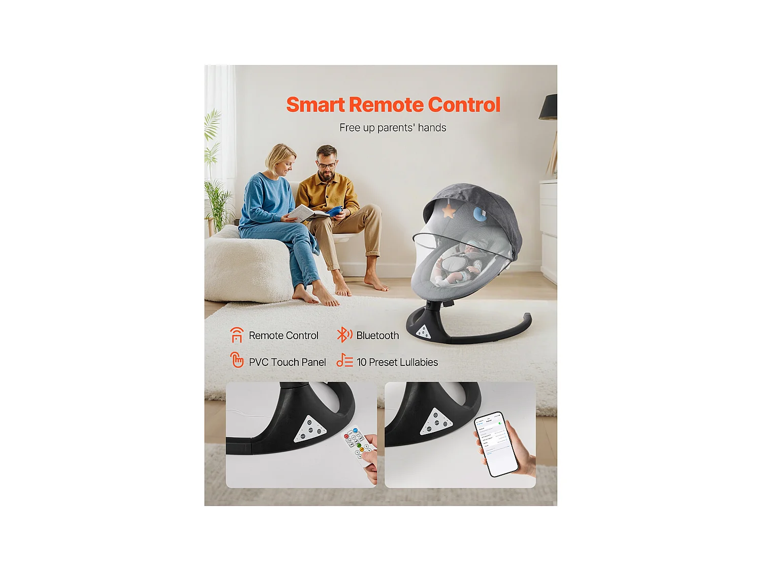 Elektrische Babywieg, SucceBuy Baby-schommel voor zuigelingen met 5 snelheden, 3 zitposities en Bluetooth-afstandsbediening