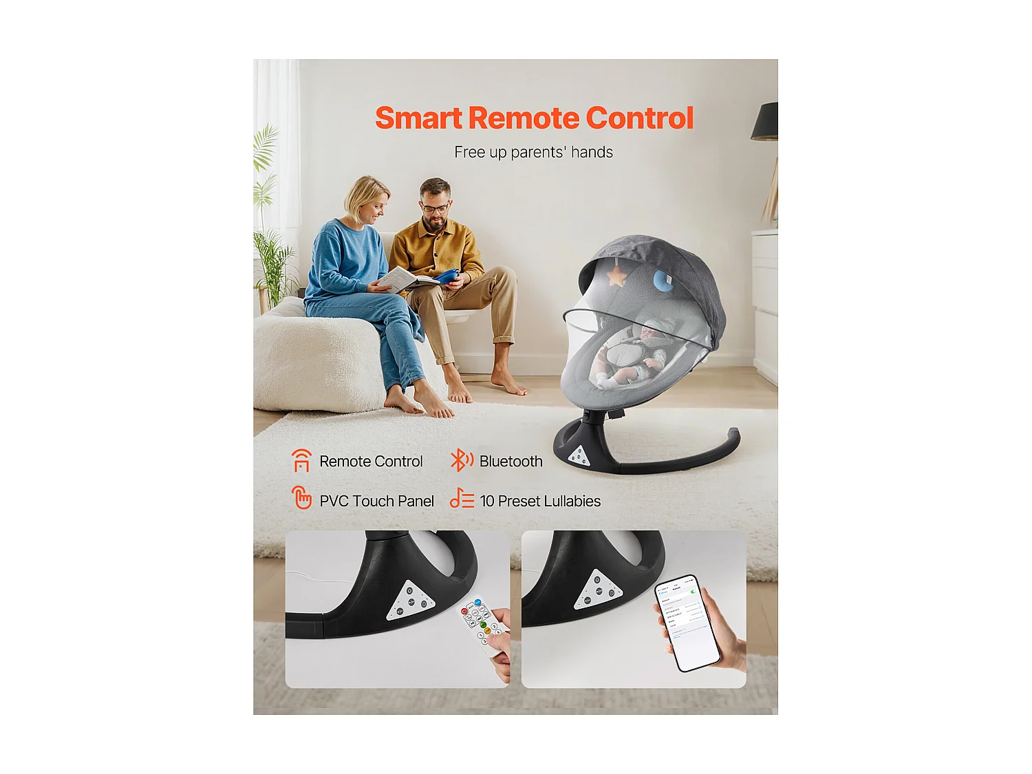 Elektrische Babywieg, SucceBuy Baby-schommel voor zuigelingen met 5 snelheden, 3 zitposities en Bluetooth-afstandsbediening