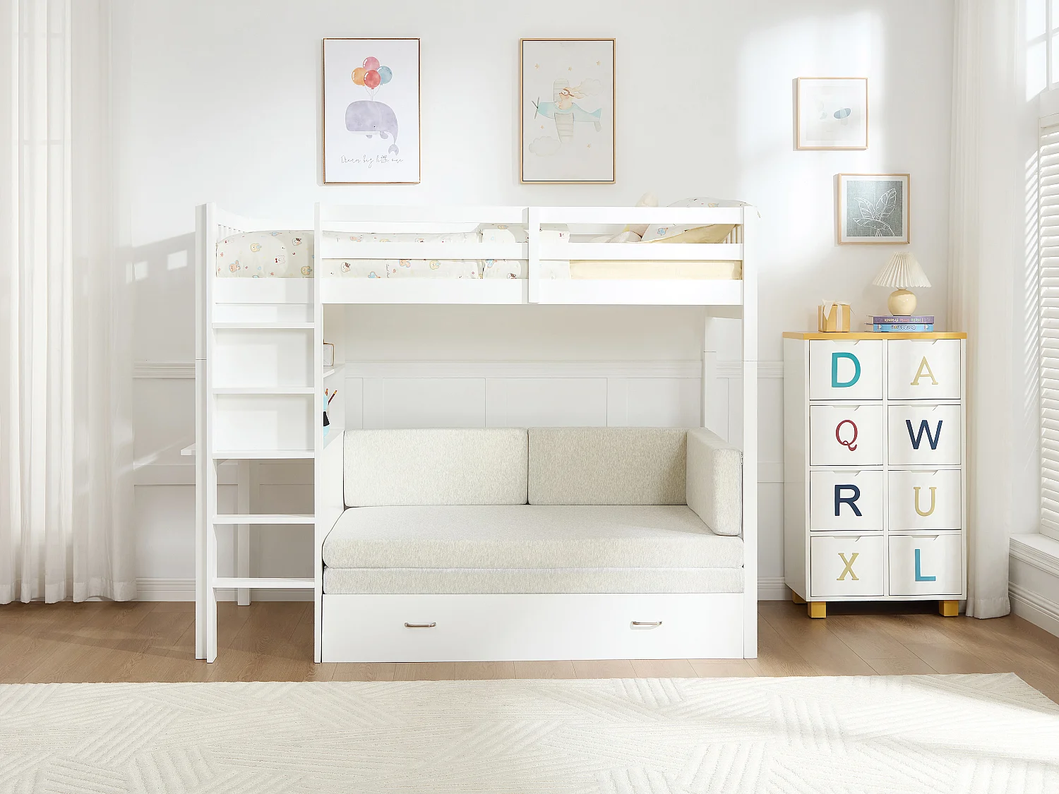 Lit mezzanine 90 X 190 cm avec sofa convertible - Pin et MDF - Blanc + Matelas - ORPELIA