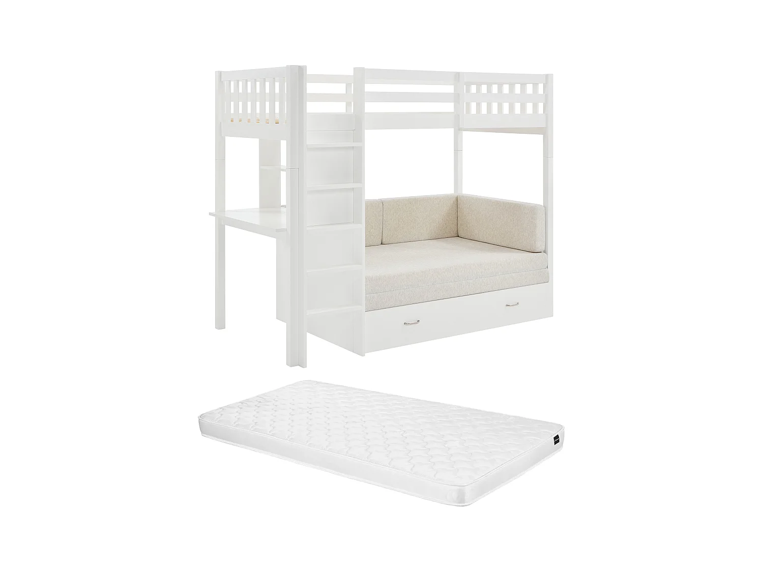 Hochbett mit Sofa mit Schlaffunktion + Matratze - 90 x 190 cm- Kiefernholz & MDF - Weiß - ORPELIA