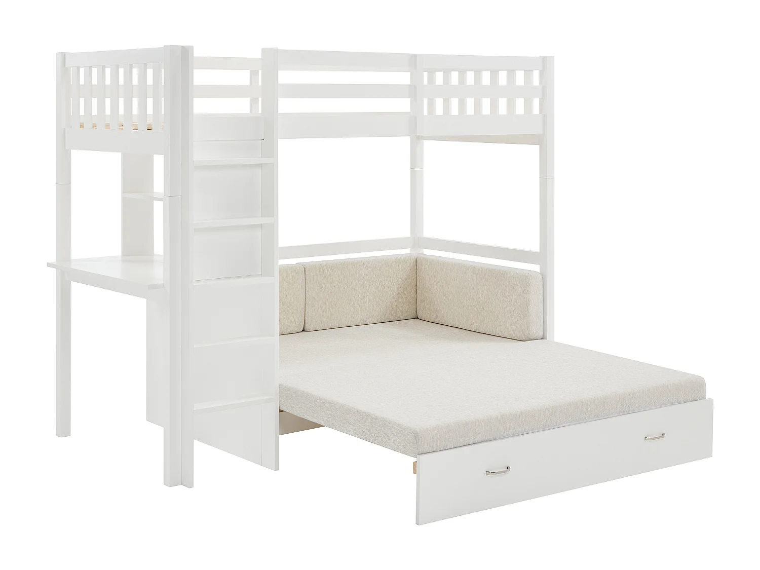 Hochbett mit Sofa mit Schlaffunktion + Matratze - 90 x 190 cm- Kiefernholz & MDF - Weiß - ORPELIA