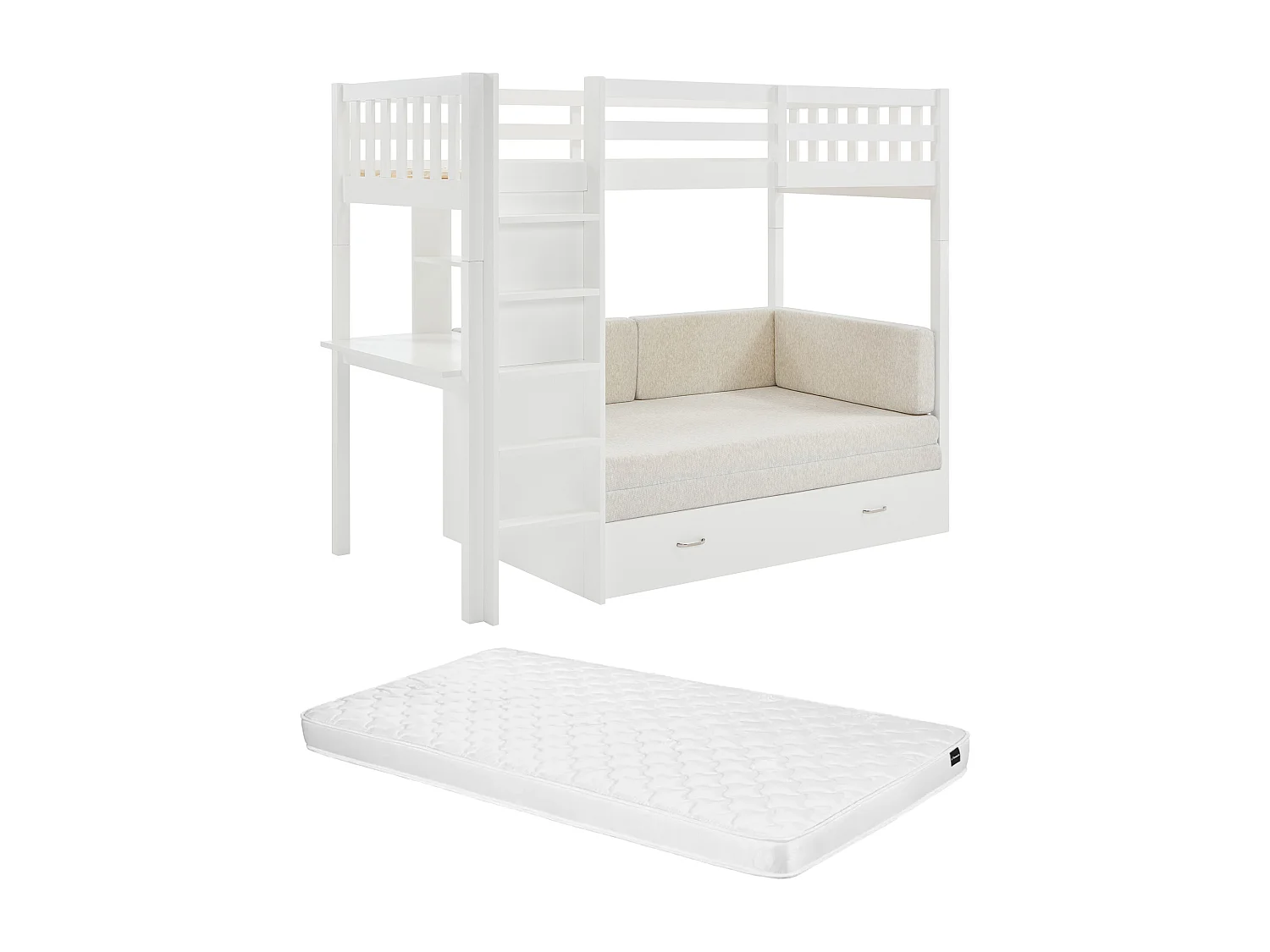 Hochbett mit Sofa mit Schlaffunktion + Matratze - 90 x 190 cm- Kiefernholz & MDF - Weiß - ORPELIA