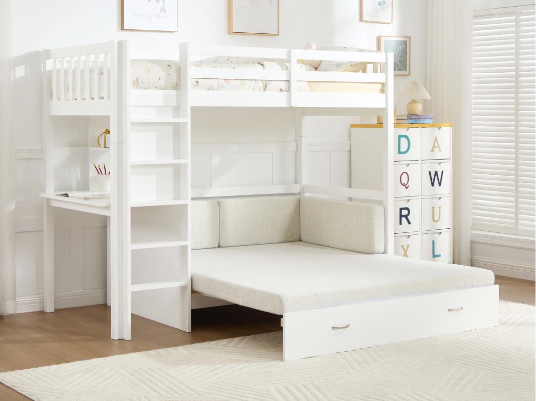 Lit mezzanine 90 X 190 cm avec sofa convertible - Pin et MDF - Blanc + Matelas - ORPELIA