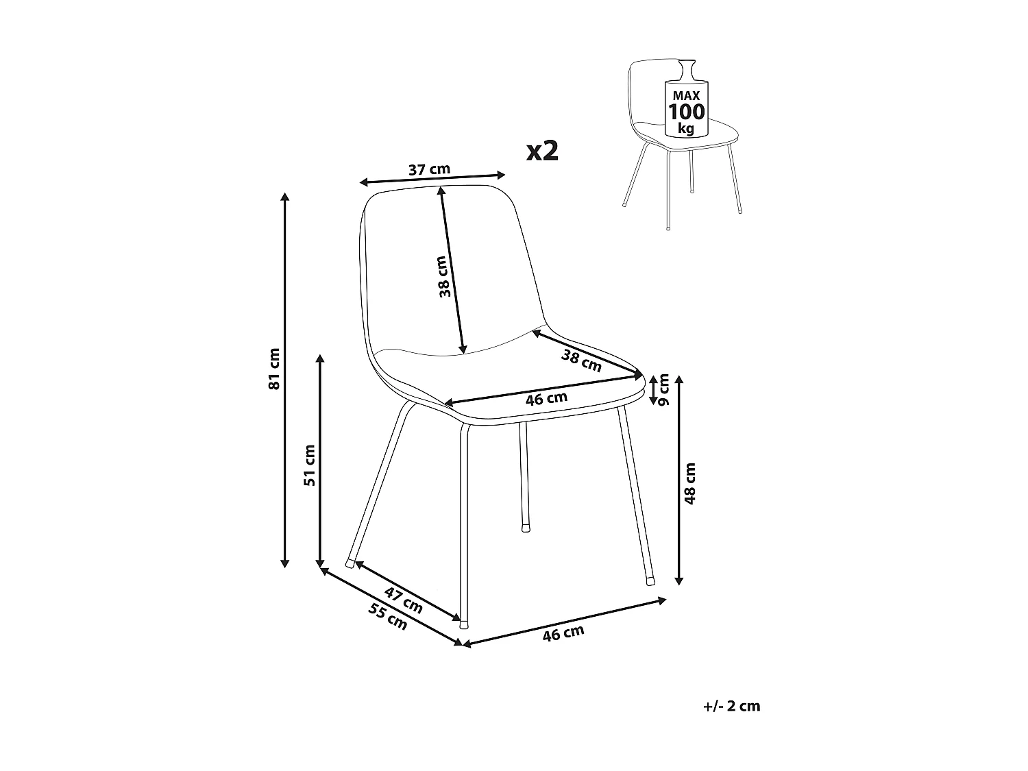 Lot de 2 chaises de salle à manger LORIDA Tissu Gris clair