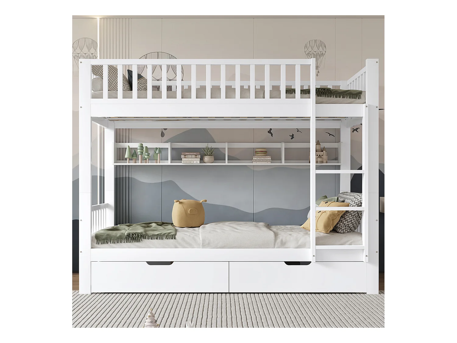 Etagenbett 90x200 cm – 3-stufige Eckleiter, Sicherheitsgitter, Regale und Schubladen aus MDF, umkehrbare Treppe – Weiß