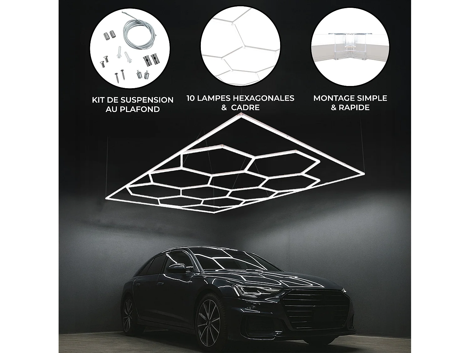 Luz LED hexagonal 10 panales y borde Detalle del coche Garaje Taller Gimnasio Panal