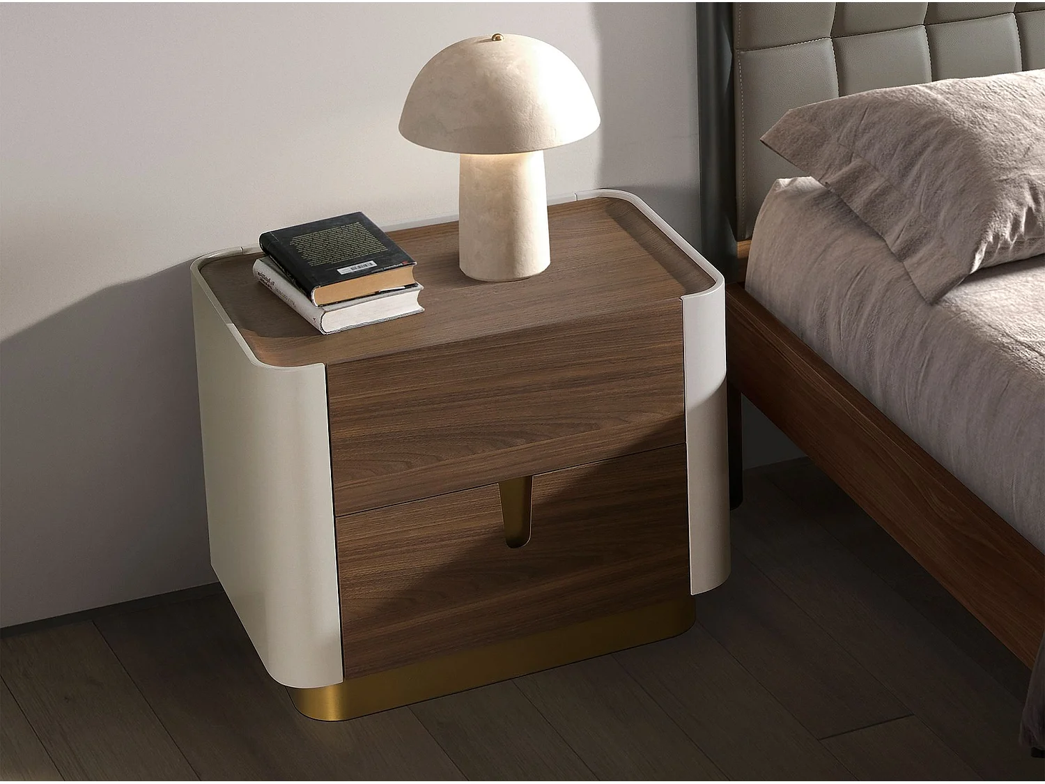 Nachttisch Nussbaum, beige, goldener polierter Stahl und Nussbaumplatte 7187 ANGEL CERDA