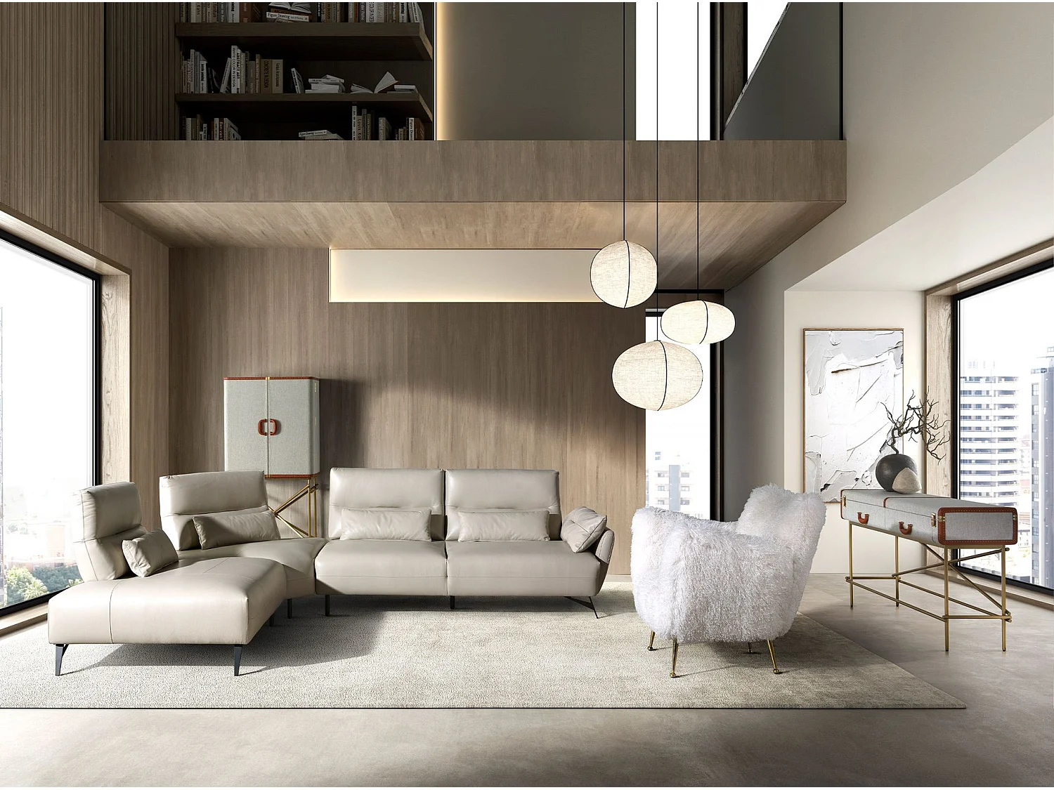 Sofá chaise longue esquerdo em pele de areia 6214 ANGEL CERDA