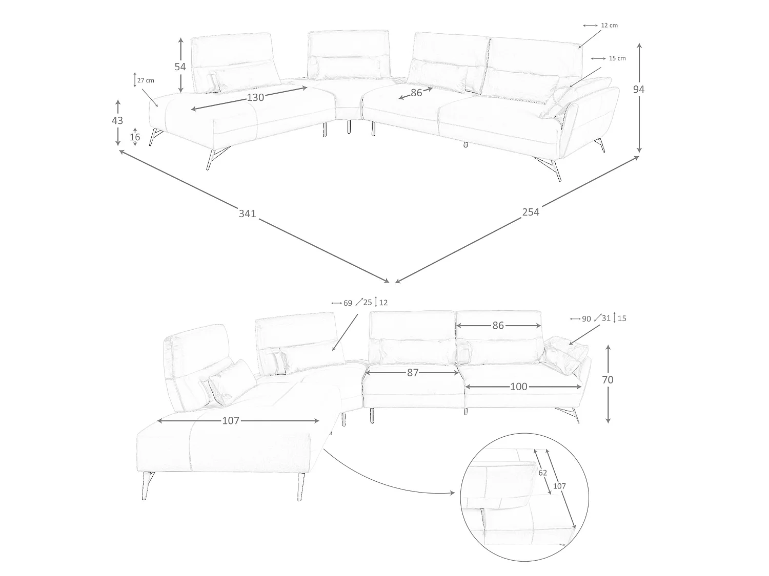 Sofá chaise longue esquerdo em pele de areia 6214 ANGEL CERDA