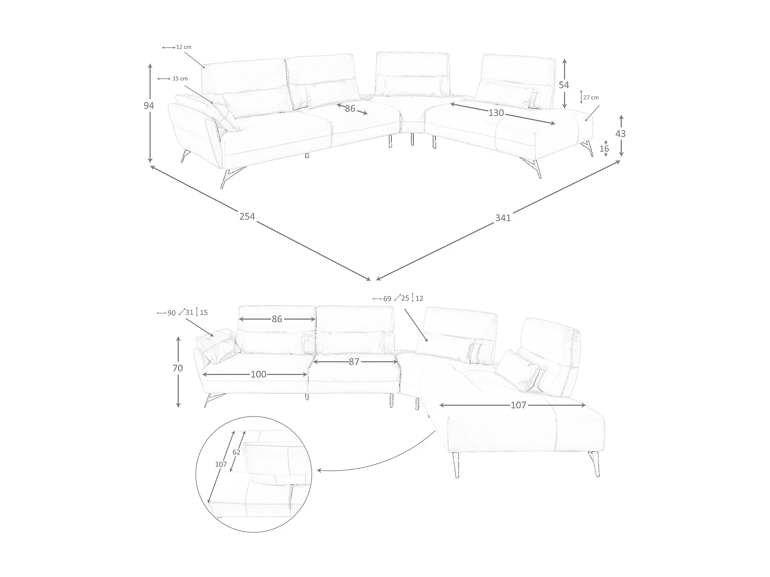 Prawy szezlong sofa piaskowa skóra 6213 ANGEL CERDA
