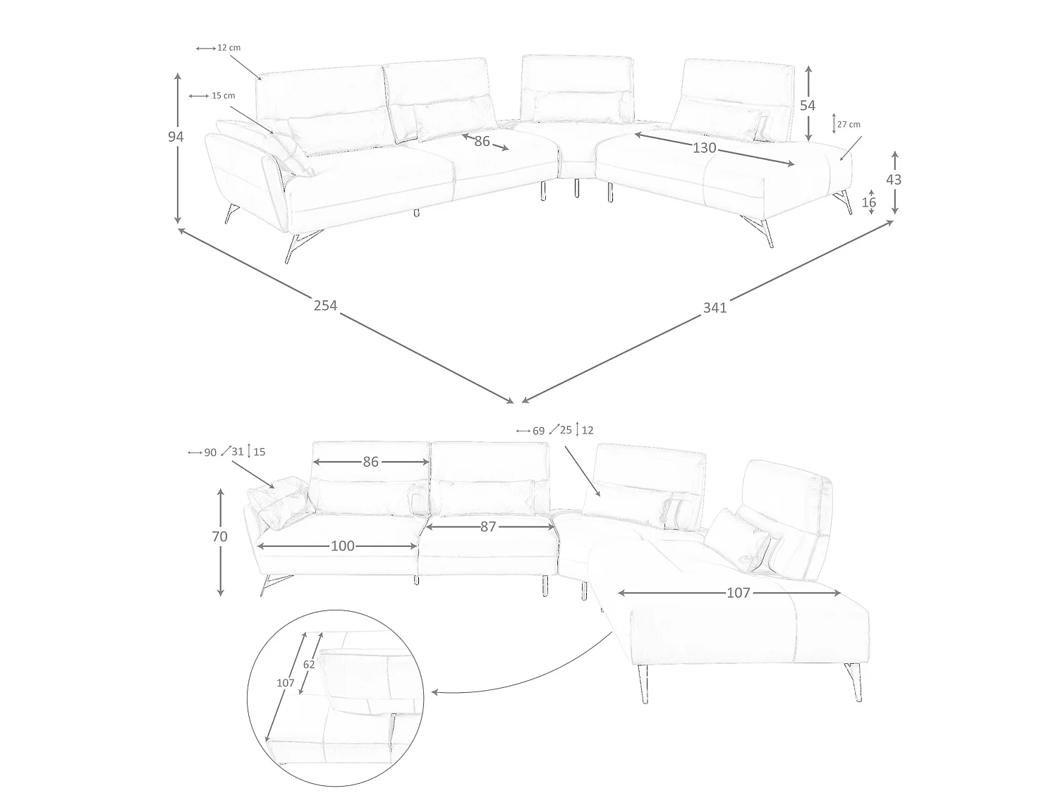 Prawy szezlong sofa piaskowa skóra 6213 ANGEL CERDA